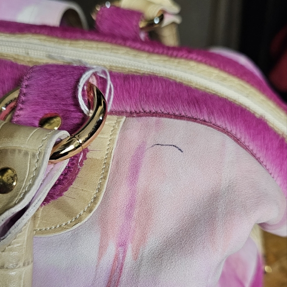 Sold Fabric & Cowhide Tie Dye Pink Satchel Handbag Purse - Picture 10 of 12